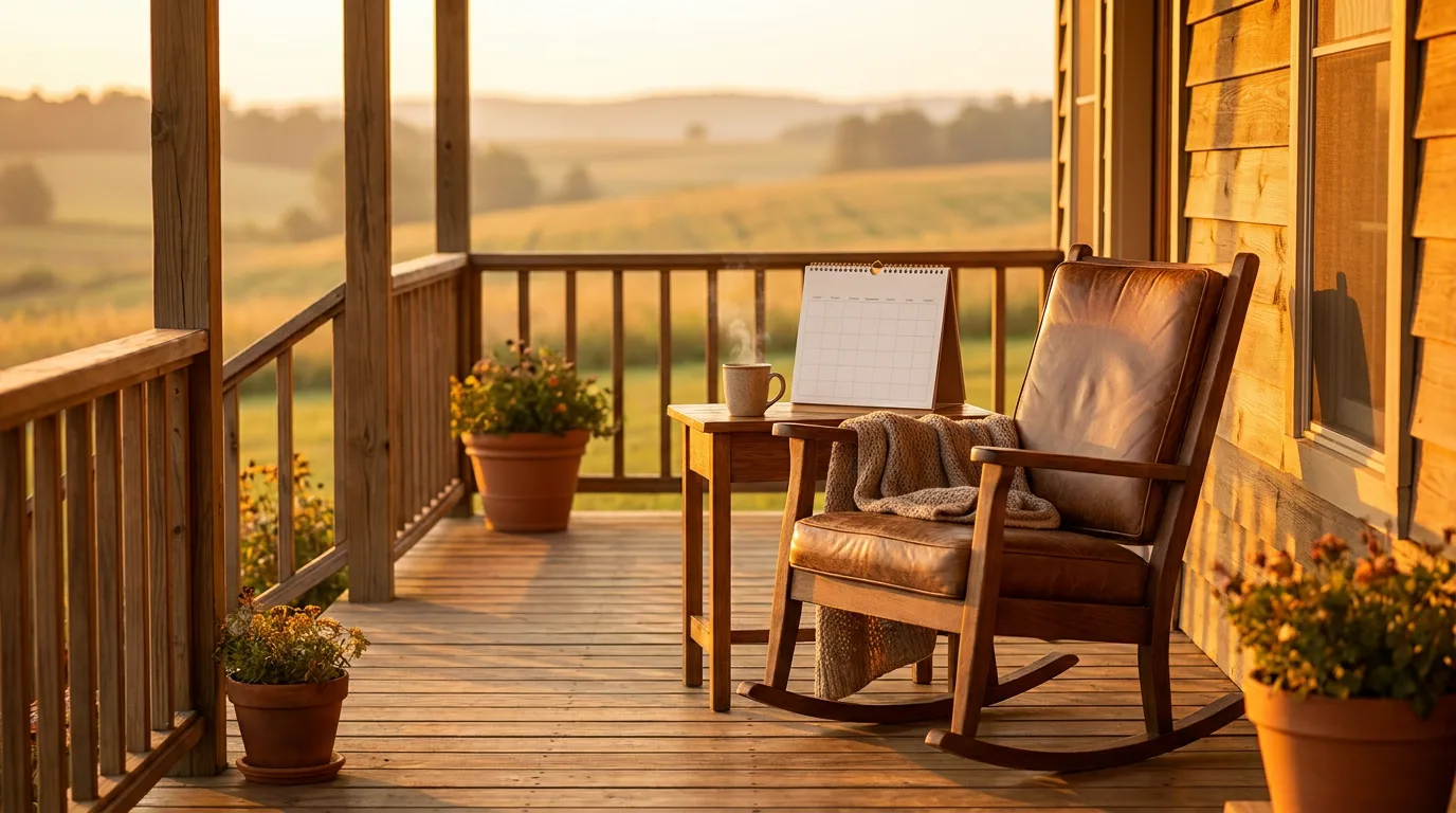 A calendar and a cup of coffee on a table beside a rocking chair on a sunlit wooden porch overlooking rolling fields at golden hour